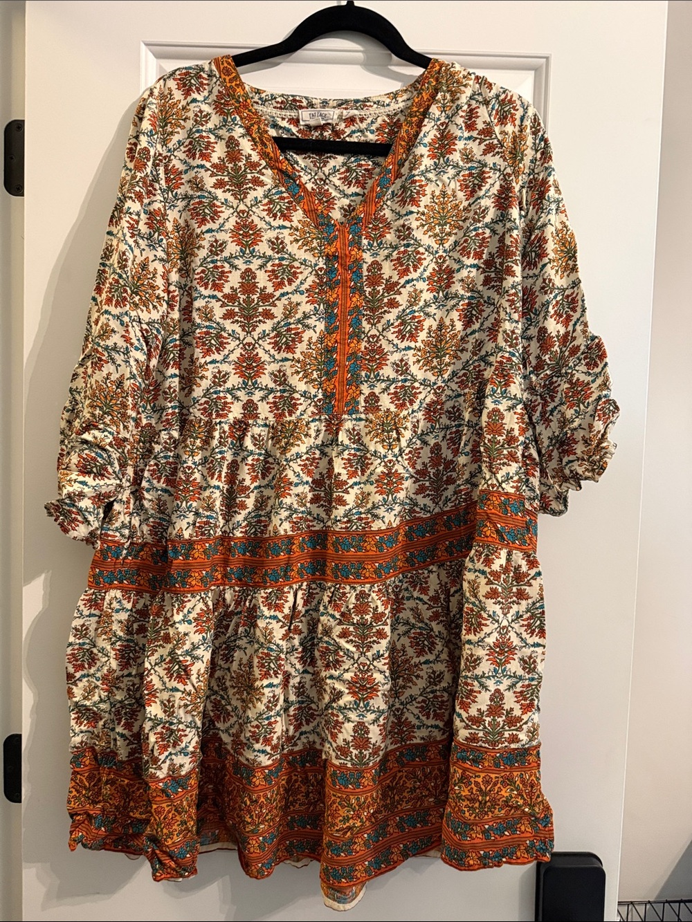 Fat Face Cream Floral Dress with Orange and Teal Accents US12